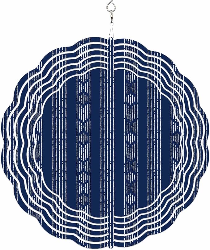 Abstract Geometric Striped Round Wind Spinner 8", 3D Stainless Steel Wind Spinners for Yard and Garden Navy Blue Indoor Outdoor Metal Hanging Craft Ornaments for Porch Lawn Home Party Decoration