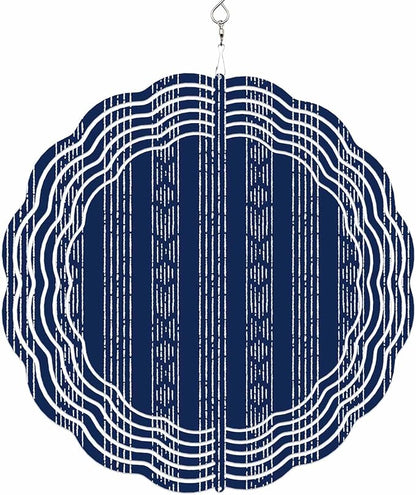Abstract Geometric Striped Round Wind Spinner 10", 3D Stainless Steel Wind Spinners for Yard and Garden Navy Blue Indoor Outdoor Metal Hanging Craft Ornaments for Porch Lawn Home Party Decoration