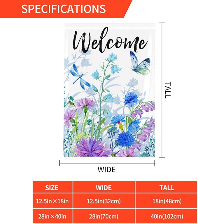 Spring Summer Garden Flag with Welcome Quote Blue Flower Butterfly Dragonfly Mini Yard Flag Double-Sided Garden Flags Rustic Farmhouse Sign for Home Garden Outdoor Decoration, 12.5 X 18 Inch