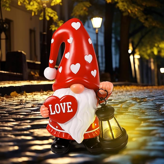 Retisee Solar Valentine's Day Garden Statue Resin Gnome Statue with Hearts LED Lights Outdoor Love Solar Light Figurine Decoration for Yard Patio Lawn Gift for Valentine's Day Anniversary