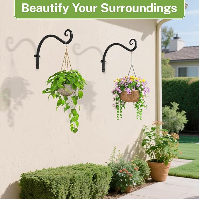iDavosic.ly Plant Hangers Outdoor 2-Pack, 11.8 Inch Heavy Duty Iron Wall Brackets for Hanging Plants, Baskets, Bird Feeders, Lanterns, Wind Chimes, Indoor Metal Hooks for Garden Porch Patio, Black