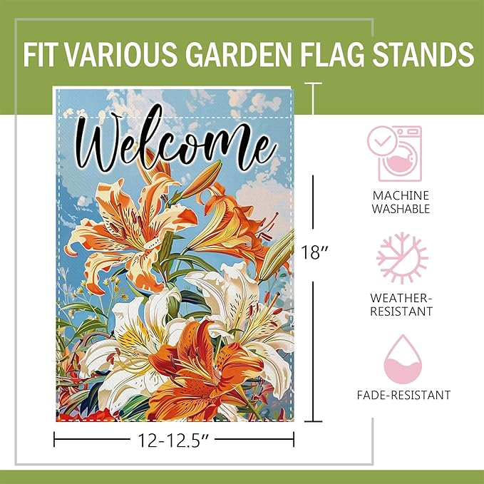 Welcome Spring Summer Lily Flower Decorative Garden Flag, Floral Botanical Small Yard Outside Decorations, Seasonal Burlap Outdoor Home Decor Double Sided 12 x 18