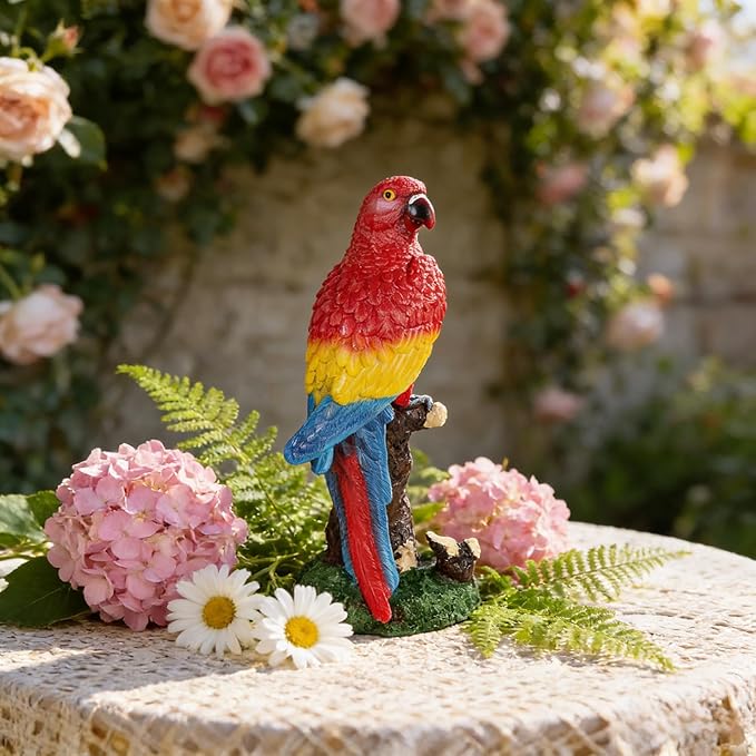 Decorative Tropical Parrot Garden Statue, Bird Red Scarlet Macaw Parrot Perching On Tree Branch Decorative Figurine Parrots Birds Vibrant Colors Accent Forest Nature Sculpture Decors