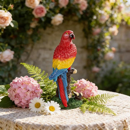 Decorative Tropical Parrot Garden Statue, Bird Red Scarlet Macaw Parrot Perching On Tree Branch Decorative Figurine Parrots Birds Vibrant Colors Accent Forest Nature Sculpture Decors