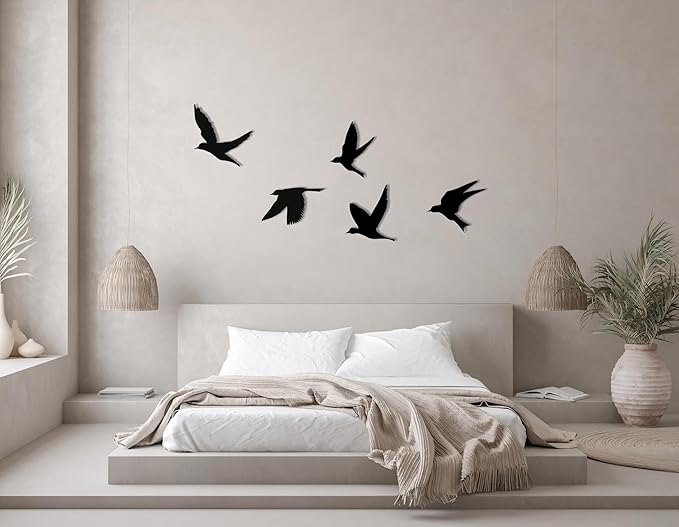 Birds Metal Wall Decor Set of 5, Minimalist Bird Flock Wall Art, Metal Garden Decorations, Home Decor, Modern Home Decoration, Birds Sign for Living Room, Birds Wall Hangings for Office, Bird Art (Black, 8" / 20 cm - MEDIUM)