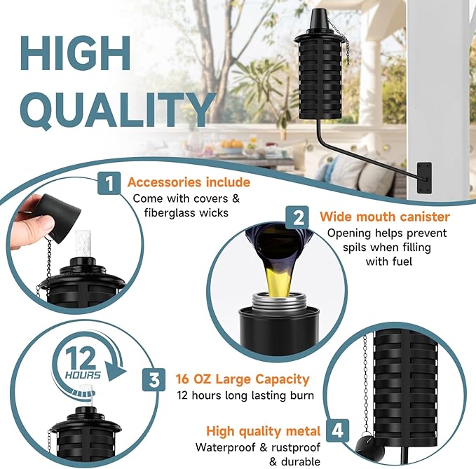 6 Pack Black Wall Mounted Citronella Torches,16 Oz Outdoor Metal Torch,Refillable Garden Torches for Yard, Patio, Deck, Garden, Party, Landscape