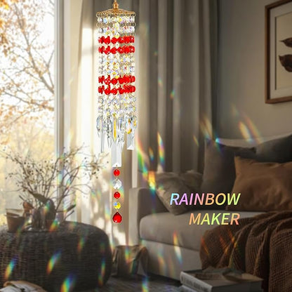 Crystal Wind Chimes for Outside with Rainbow Light Reflections Glass Bells and Rose Gold Alloy Hooks Indoor Outdoor Decor for Home Garden Patio Porch Birthday House Warming (Red)