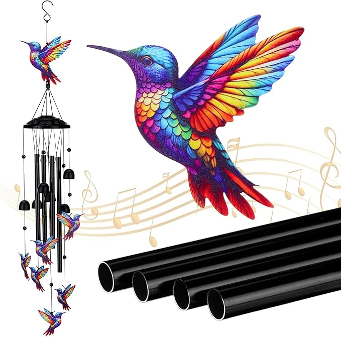 Hummingbird Wind Chimes for Outside Black Metal Windchimes Outdoors Hummingbirds Gifts for Women/Men Garden/Yard Decor Memorial/Birthday Gifts for Grandma/Mom Durable Chimes for Outdoors