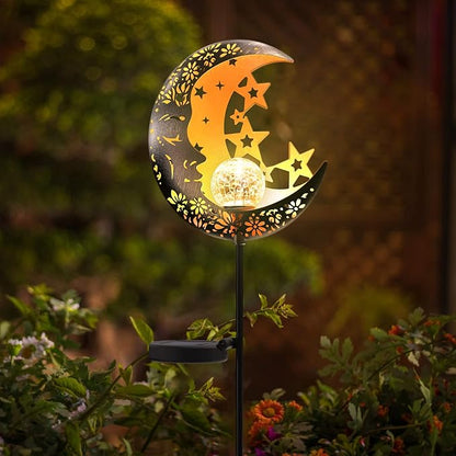 Hapjoy Moon Solar Lights Outdoor Garden Decorative Star Solar Lantern with Warm Light Waterproof Metal Outdoor Decoration for Patio, Pathway or Yard Garden Decor