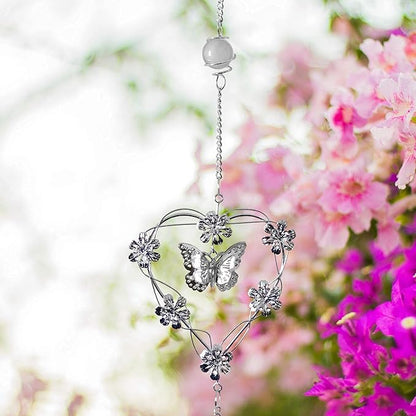 Butterfly Bell Wind Chimes - Butterfly and Heart with Mobile Design - Metal Silver Hearts - Butterflies and Flowers - 40" Long - Sturdy S Hook for Hanging