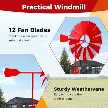 Tangkula 8.3FT Windmill Yard Garden Metal Ornamental Wind Mill Weather Vane Weather Resistant (Red)