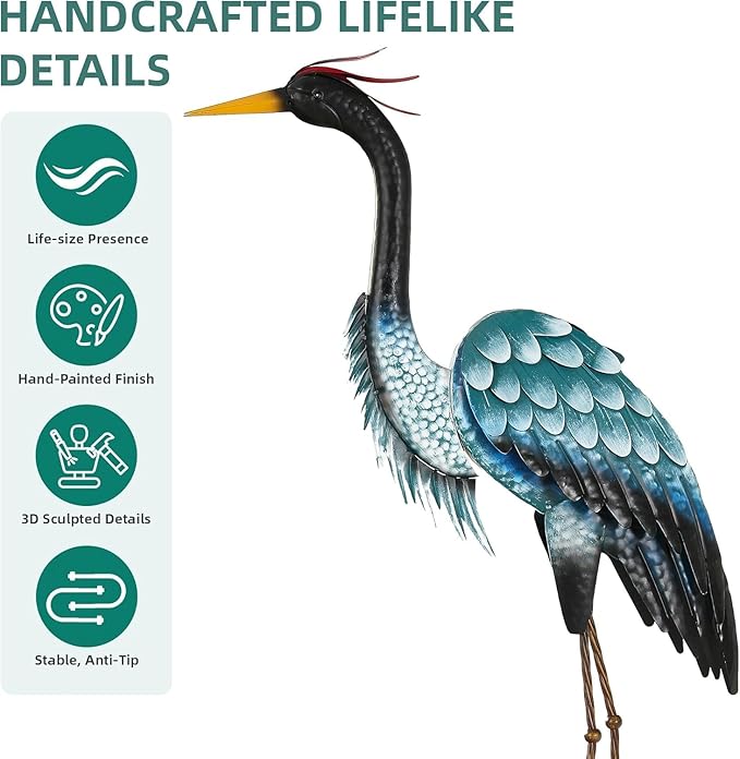 Extra-Large 45.3" Crane Decor, Handcrafted Metal Heron Lawn Sculptures with Stable U-Ground Stakes, Backyard Decoration, Metal Garden Bird Animal Yard Art, Lawn Ornament