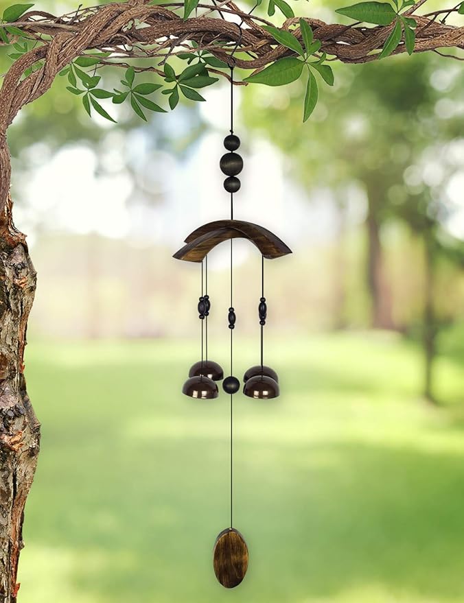 Sunset Vista Designs 91954 Asian Bell Chimes Wood and Metal Wind-Bells Wind Chime for Patios Porches and More, 29-Inches Long, Sago Palm