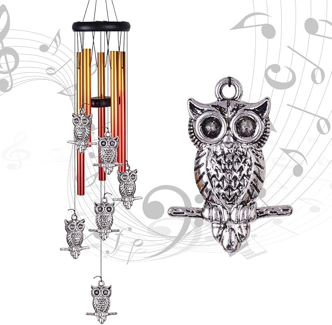 Owl Wind Chimes Outdoor/Indoor Decor - Pure Hand-Made Owl Wind-Bells, Mobile Romantic Windcatcher 28" Owl Wind Chime for Home, Xmas, Gift For Mother, Balcony, Patio, Garden Decoration(6 Owls, 5 Tubes)
