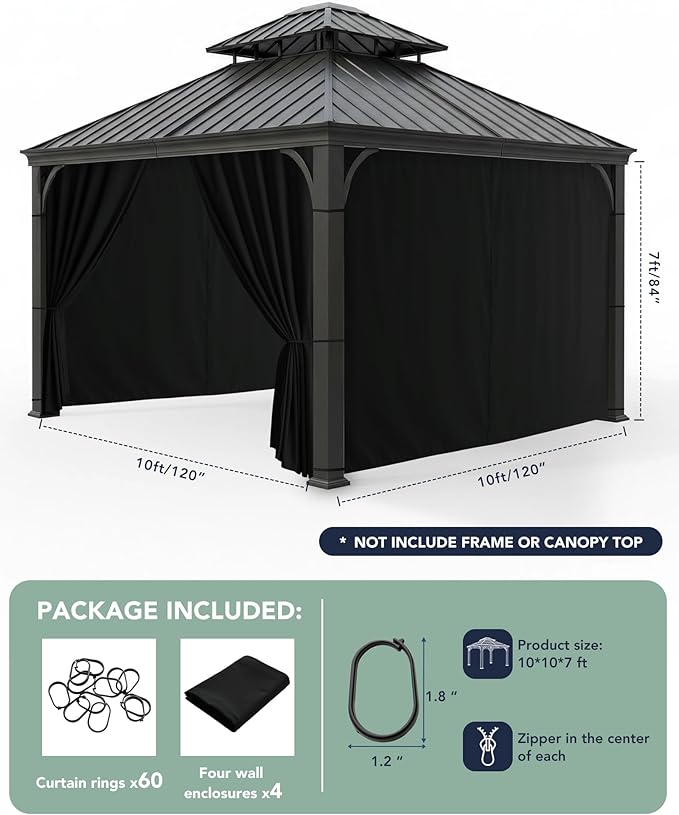 Gazebo Curtains Outdoor Waterproof - 10'Wx10'Lx7'H Weatherproof Patio Pergola Outside Curtains, Gazebo Universal Replacement Privacy Curtains, 4 Panels Sidewall Drapes with Zipper, Black