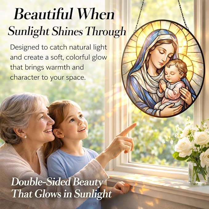 Madonna and Child Stained Glass Suncatcher Window Hanging, 7.8" Catholic Faith Gift for Mom Grandma Women, Religious Decor for Window, Prayer Room, Sunroom, Office