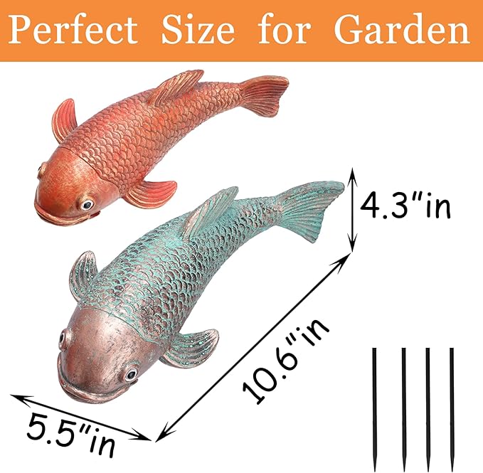 Teaeeno Antique Ceramic Koi Fish Garden Statues - Set of 2 | Exquisite Fish Sculptures for Outdoor, Patio, Pond, and Garden Decorations (Color)
