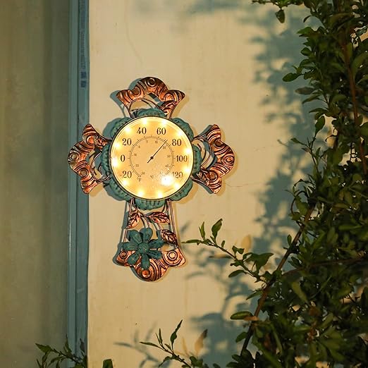 MUMTOP Outdoor Thermometers for Patio-Indoor Outdoor Wall Thermometer - Solar Led Light Cross and Flower Outside Decorative Temperature for Home or Garden Decor