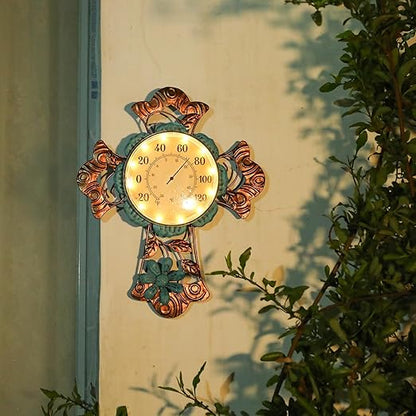 MUMTOP Outdoor Thermometers for Patio-Indoor Outdoor Wall Thermometer - Solar Led Light Cross and Flower Outside Decorative Temperature for Home or Garden Decor