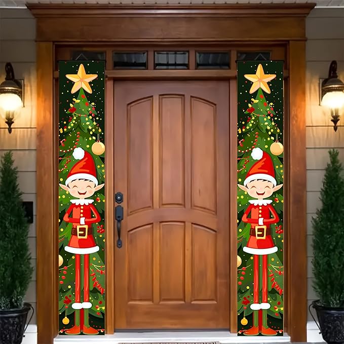 BlissYard Christmas Elf Door Banner 71x12 inch Christmas Tree Hanging Porch Banner Cute Holiday Decorations for Kids Front Door Xmas Party Fireplace Entryway Wall Decor Outdoor Sign