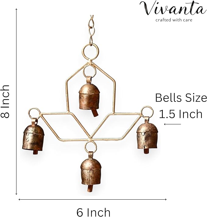 Handmade Wind Chime Bell – Rustic Hanging 4 Bell for Porch, Garden, Balcony, Christmas Decor – Farmhouse Jingle Bells, Witch Bells, Lucky Cow Bells, Boho Ornament Indoor Outdoor - 8 x 4 Inch