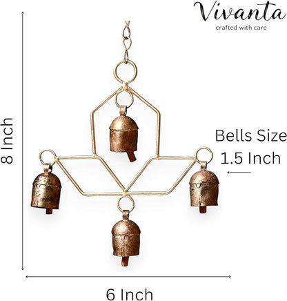 Handmade Wind Chime Bell – Rustic Hanging 4 Bell for Porch, Garden, Balcony, Christmas Decor – Farmhouse Jingle Bells, Witch Bells, Lucky Cow Bells, Boho Ornament Indoor Outdoor - 8 x 4 Inch