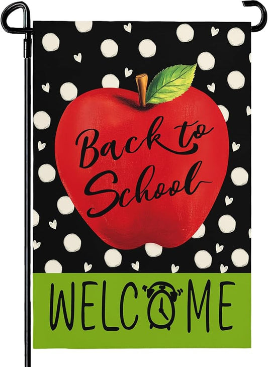 Welcome Back to School Garden Flags Apple Alarm Clock Yard Flags First Day of School Supplies Garden Flag Double Sided 12x18 Inch for Outdoor Yard Decoration