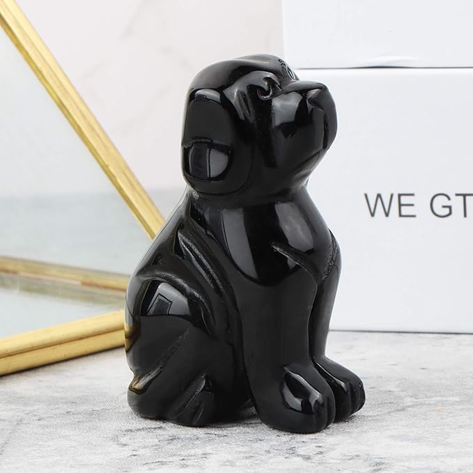 SMQ 2" Black Obsidian Crystal Dog Figurines Statue Hand Carved Gemstone Puppy Dog Decor Sculpture Reiki Healing Stones Ornament for Outdoor Home Office Decoration(Gift Box)