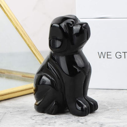 SMQ 2" Black Obsidian Crystal Dog Figurines Statue Hand Carved Gemstone Puppy Dog Decor Sculpture Reiki Healing Stones Ornament for Outdoor Home Office Decoration(Gift Box)