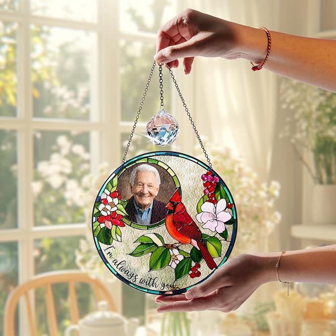 Personalized Photo Cardinal Stained Glass Suncatcher, Cardinal Memorial Sun Catcher Window Hanging, I'm Always with You Gift Home Decor, Mother's Day Sympathy Gift for Mom, Dad, Family SC-HU-M123