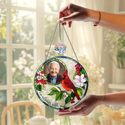 Personalized Photo Cardinal Stained Glass Suncatcher, Cardinal Memorial Sun Catcher Window Hanging, I'm Always with You Gift Home Decor, Mother's Day Sympathy Gift for Mom, Dad, Family SC-HU-M123