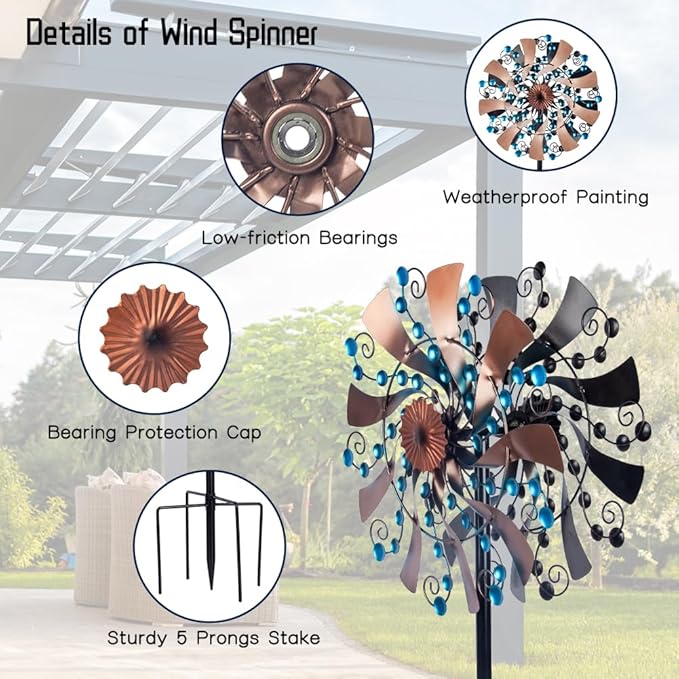 VEWOGARDEN Kinetic Wind Spinners Outdoor 13" Dia Metal Wind Spinner with Stakes Yard Art for Garden Patio Lawn Decorations, Blue & Antique Bronze
