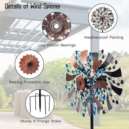 VEWOGARDEN Kinetic Wind Spinners Outdoor 13" Dia Metal Wind Spinner with Stakes Yard Art for Garden Patio Lawn Decorations, Blue & Antique Bronze