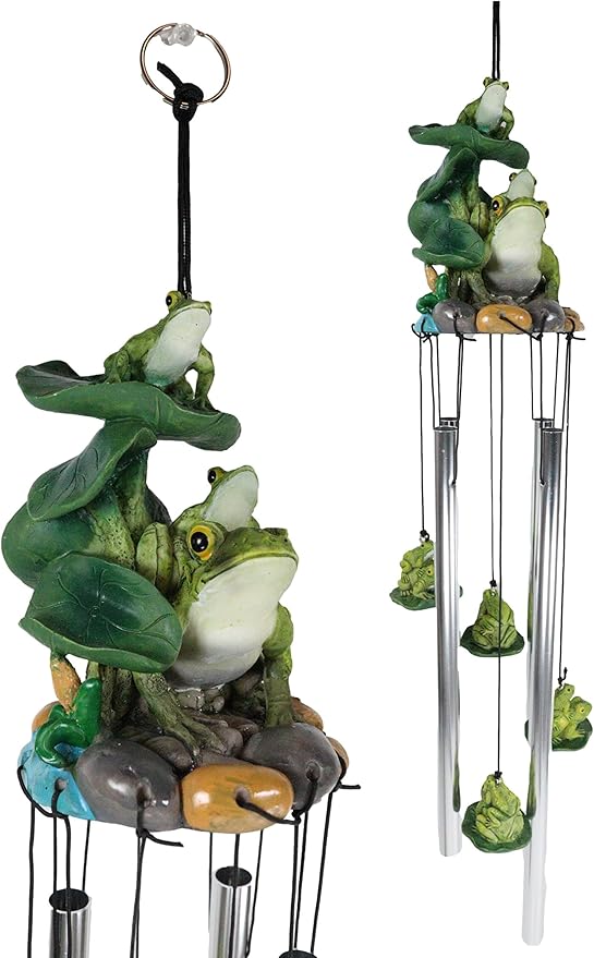 Ebros Gift Whimsical Summer Adventures Green Frog Mother with Babies Family Crouching On Lily Pads by Pond Resonant Tube Wind Chime Sculpture Outdoors Garden Lawn Patio Home Pool Deck Accent Decor