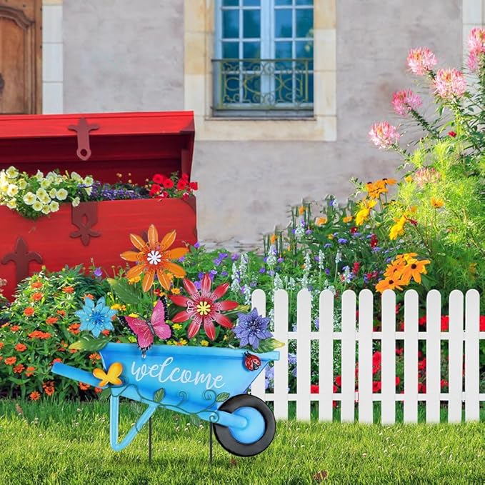 YEAHOME Garden Decor for Outside, 25” Decorative Garden Stakes Metal Wheelbarrow with Flowers for Spring Decor, Butterfly Cart Welcome Yard Signs for Outdoor Lawn Backyard Porch Pathway Decorations
