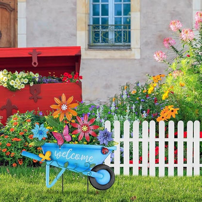 YEAHOME Garden Decor for Outside, 25” Decorative Garden Stakes Metal Wheelbarrow with Flowers for Spring Decor, Butterfly Cart Welcome Yard Signs for Outdoor Lawn Backyard Porch Pathway Decorations