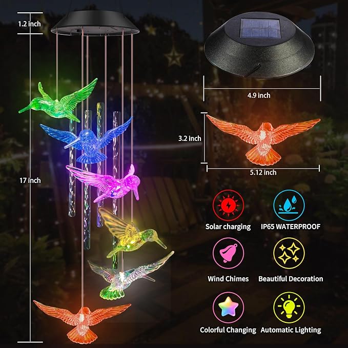 Hummingbird Solar Wind Chime lights,Unique Wind Chimes Gifts for Mom Women Grandma,Color Changing Solar Hummingbird lights Waterproof for Home Garden Yard Patio Windows Party Christmas Decor