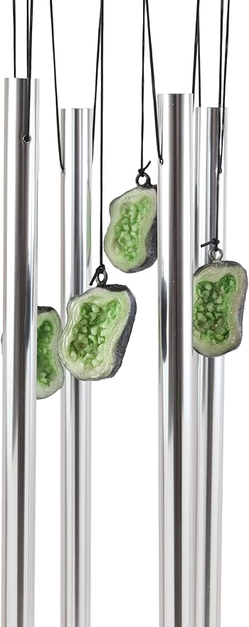 Ebros Gift Medieval Green Dragon Guarding Emerald Crystal Geode Rock Figurine Crown Top Resonant Wind Chime with Miniature Geode Rocks Ornaments for Garden Patio Home Fantasy Dungeons and Dragons