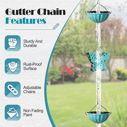 Tfro & Cile Butterfly Rain Chain Gutter Downspout Catcher Outside Water Diverter Decorative Garden Rain Cups Chime Home Decor - 8 1/2 Feet Long
