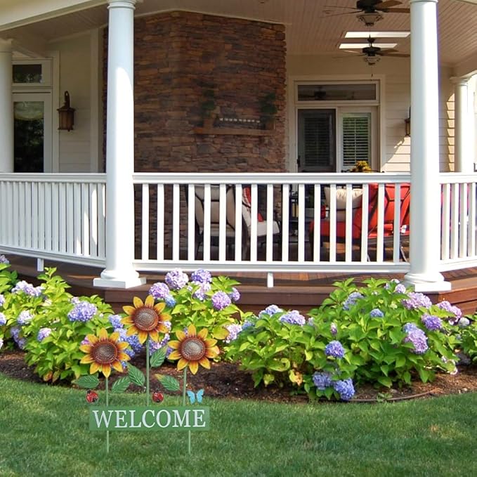 hogardeck Garden Decor for Outside, Metal Sunflower Butterfly Decorative Garden Stakes for Spring Decor, Yard Art Welcome Sign for Outdoor Lawn Porch Pathway Backyard Patio Decorations