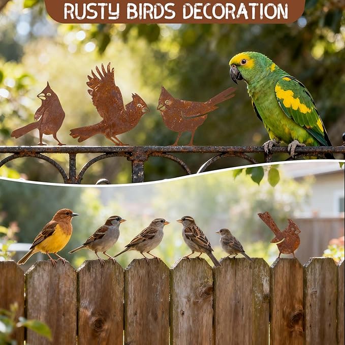 5 Pack Rusty Cardinal Birds Decoration - Outdoor Double-Side Metal Birds Decor for Fence, Yard, Farmhouse, Garden Sculptures Hummingbirds Craft Statue Ornaments Gifts for Bird Lovers (A)