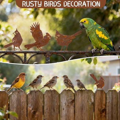 5 Pack Rusty Cardinal Birds Decoration - Outdoor Double-Side Metal Birds Decor for Fence, Yard, Farmhouse, Garden Sculptures Hummingbirds Craft Statue Ornaments Gifts for Bird Lovers (A)