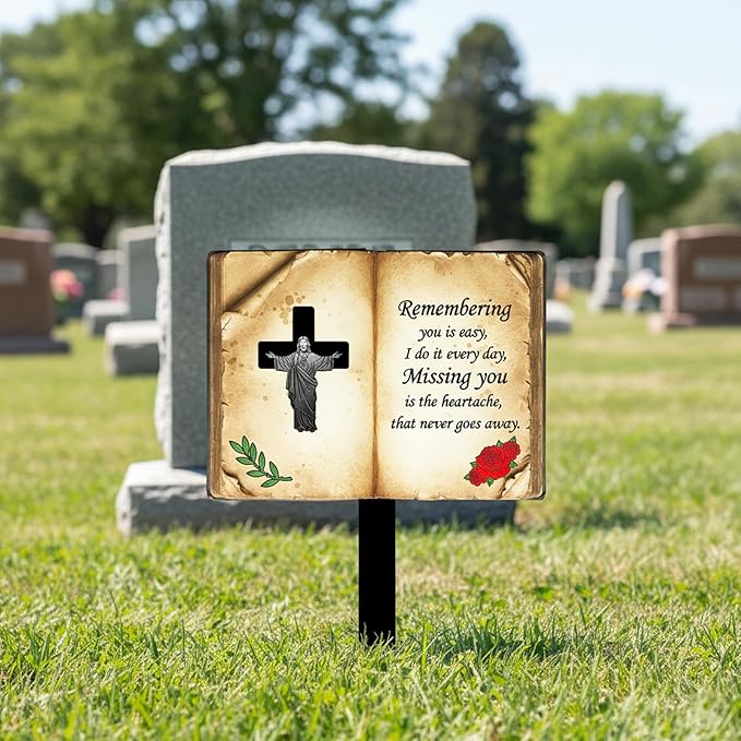 Jesus Bible Grave Marker - Thickened Metal Memorial Stake with Poem - Sturdy Cemetery Decorations, Mother’s Day (Bible)
