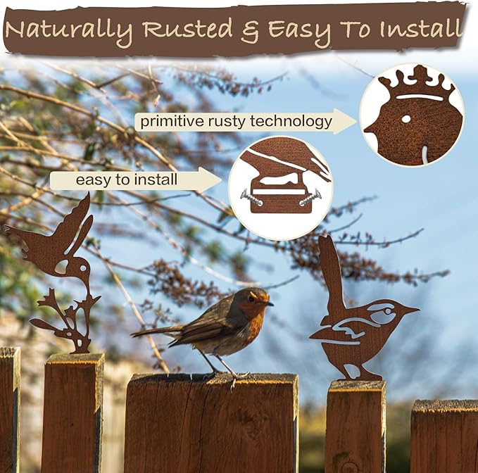 5PCS Rusty Metal Bird Silhouette Statues - Rustic Outdoor Decor for Garden, Fence and Yard Art, Lifelike Metal Birds Yard Decorations Fence Ornaments Yard Art Bird Lovers Gift Ideas