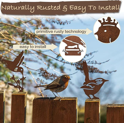5PCS Rusty Metal Bird Silhouette Statues - Rustic Outdoor Decor for Garden, Fence and Yard Art, Lifelike Metal Birds Yard Decorations Fence Ornaments Yard Art Bird Lovers Gift Ideas