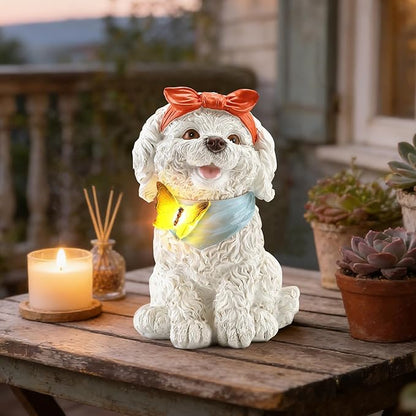 7.67" Solar Dog Garden Statue with Butterfly Light, Cute Resin Puppy Outdoor Decor, Waterproof Solar Powered Animal Statue for Yard, Lawn, Patio, Garden