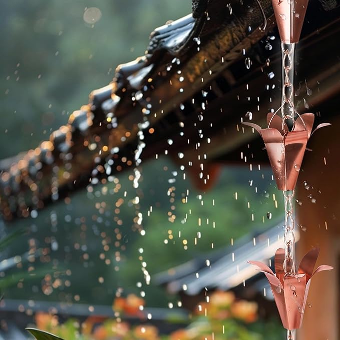 Topadorn Rain Chain Pure Copper Lily Rain Chains Decorative Rain Chain Bell Decor, 8-1/2 Length