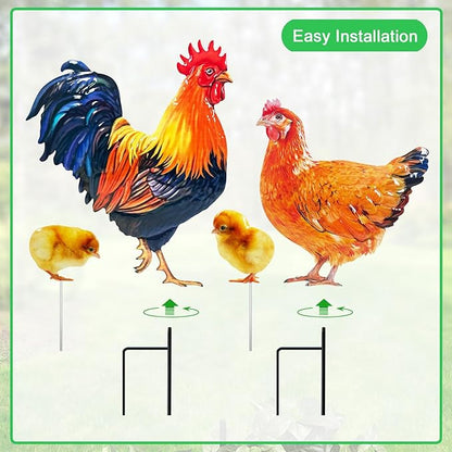 Metal Chicken Outdoor Decor,4 Pack Realistic Hen and Rooster Yard Stakes for Outside,Patio,Garden and Lawn Ornaments