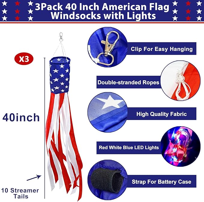 3 Pack 40" American Flag Windsock with Lights 4th of July Decorations, 250th Anniversary USA Red White Blue Star Stripes Patriotic Windsock Memorial Day Independence Day Fourth of July Outdoor Decor