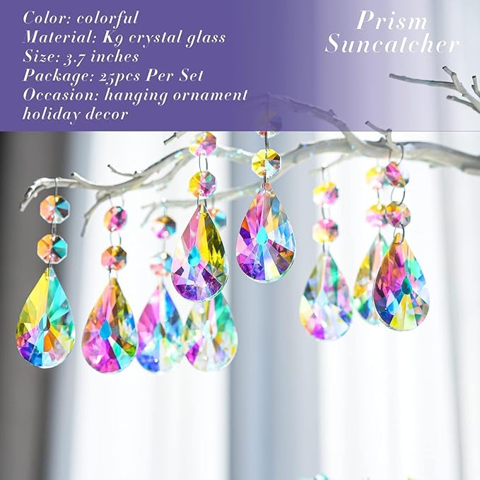 kanpura 25pcs 50mm Crystal Prisms Chandelier Suncatcher Beads Replacement Colorful Hanging Crystals for Chandeliers Window Wedding Party Decor
